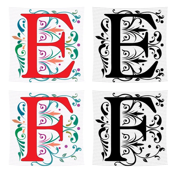 Beautiful decoration English alphabets, letter E and F — Stock Vector