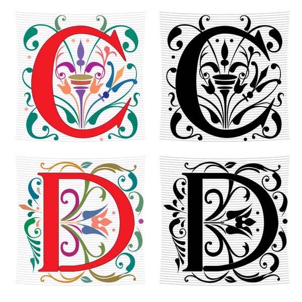 Beautiful decoration English alphabets, letter C and D — Stock Vector