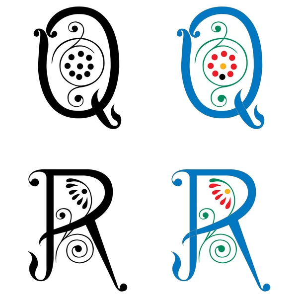 Jarní styl, základní dekorace anglické abecedy, písmeno q a r — Stockový vektor