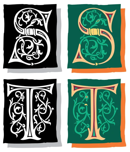 中世スタイルの英語のアルファベットの文字、s、t、モノクロおよびカラー — ストックベクタ