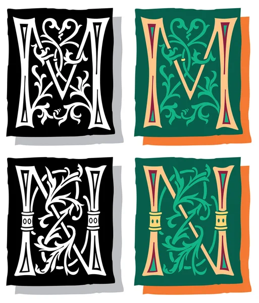 Středověký styl písmen anglické abecedy, m a n, mono a barvy — Stockový vektor