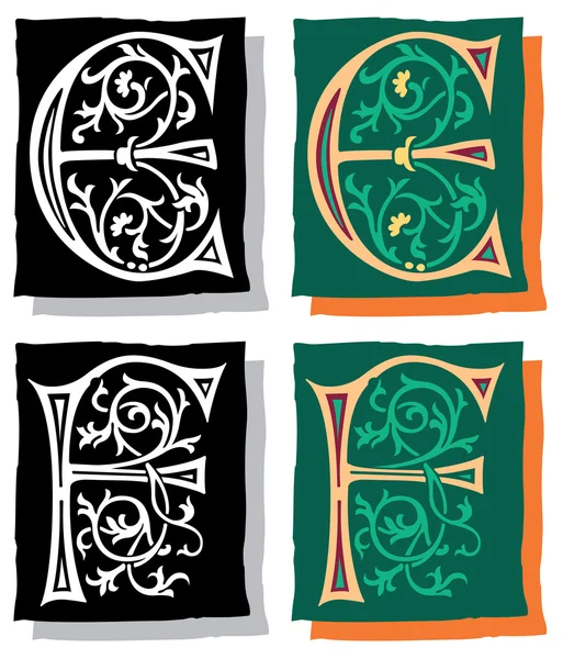 Middeleeuwse stijl Engelse Alfabetletters, e en f, mono en kleur — Stockvector