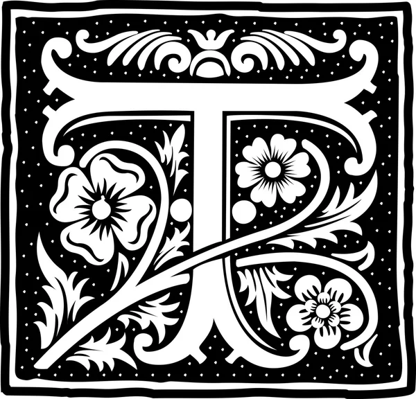 English alphabet with flowers decoration, monochrome letter T — Stock Vector