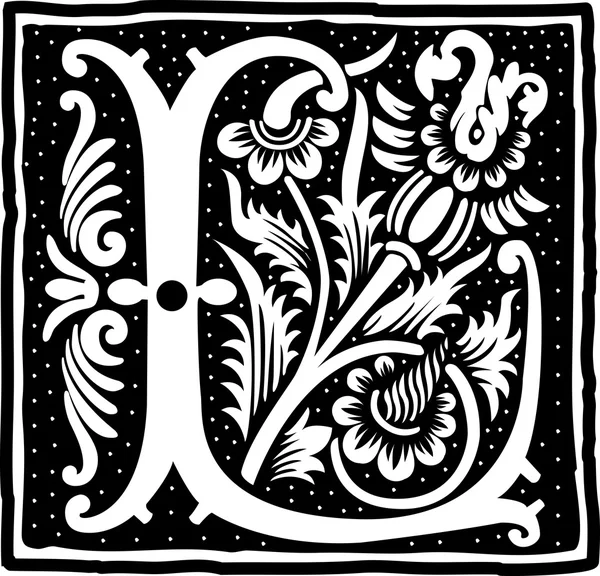 English alphabet with flowers decoration, monochrome letter L — Stock Vector