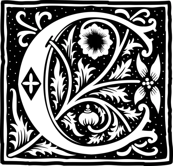 英語のアルファベットの花の装飾、白黒文字 c と — ストックベクタ