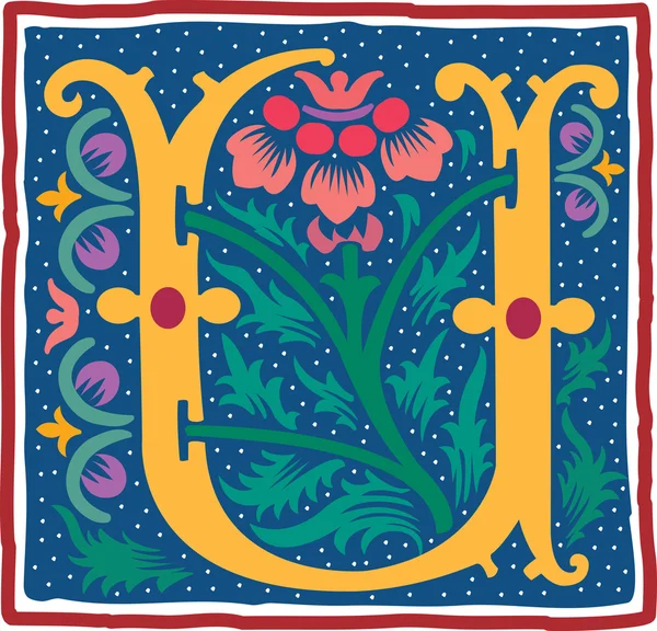Αγγλικό αλφάβητο με άνθη διακόσμησης, πολύχρωμο γράμμα u — Διανυσματικό Αρχείο