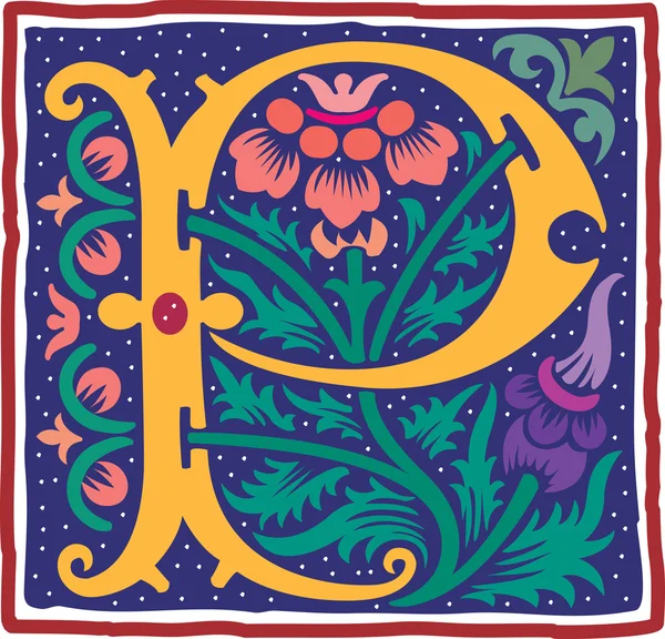 Английский хабет с цветочным оформлением, цветная буква Р — стоковый вектор