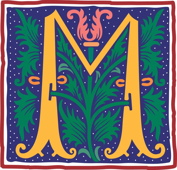 Alfabeto inglés con decoración de flores, letra colorida M — Vector de stock