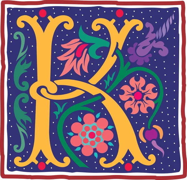 Английский хабет с цветочным оформлением, цветная буква К. — стоковый вектор