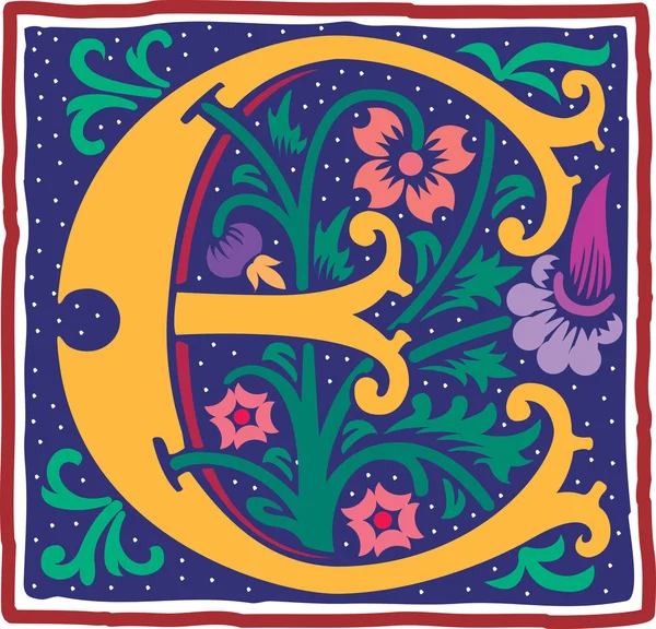İngilizce alfabe ile çiçek dekorasyon, renkli harf e — Stok Vektör