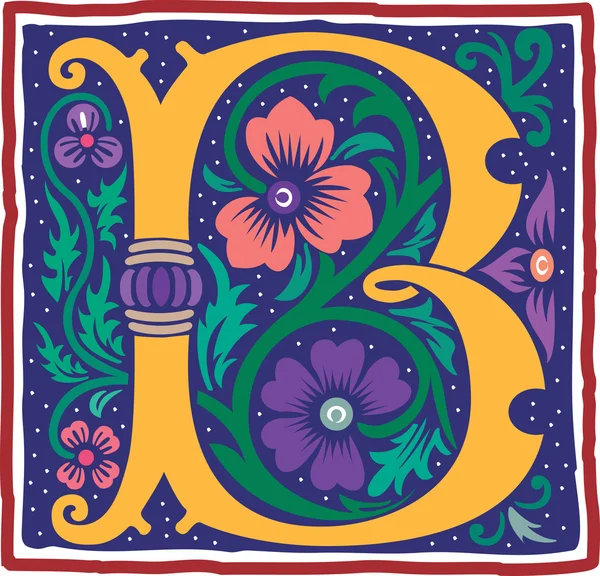 Αγγλικό αλφάβητο με άνθη διακόσμησης, πολύχρωμο γράμμα β — Διανυσματικό Αρχείο