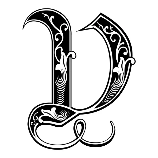 Hermosa decoración alfabetos ingleses, estilo gótico, letra V — Vector de stock