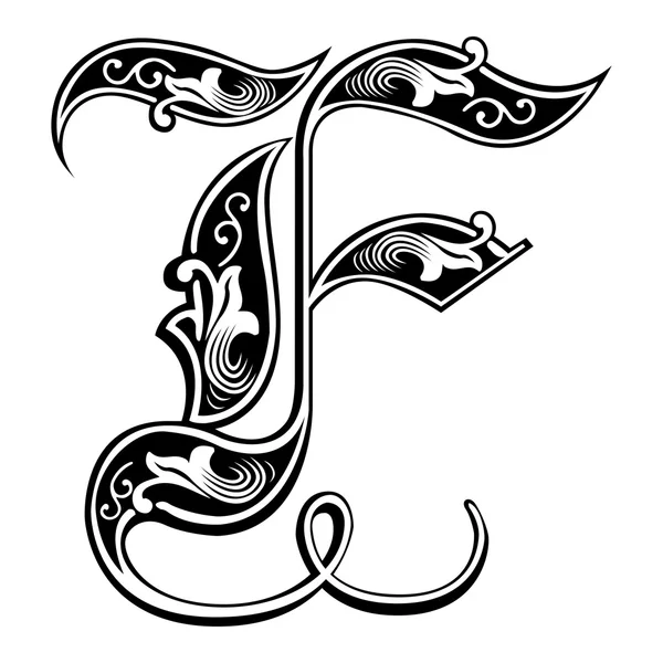 Hermosa decoración alfabetos ingleses, estilo gótico, letra F — Vector de stock