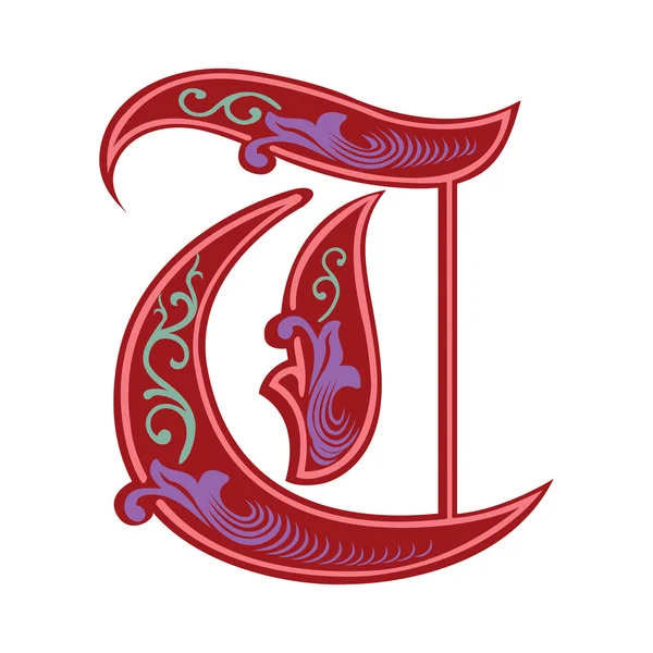 Hermosa decoración alfabetos ingleses, estilo gótico, letra T — Vector de stock