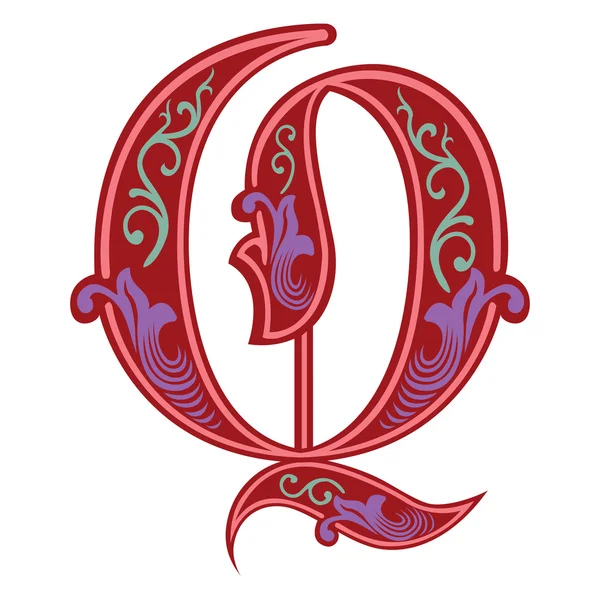 Hermosa decoración alfabetos ingleses, estilo gótico, letra Q — Vector de stock