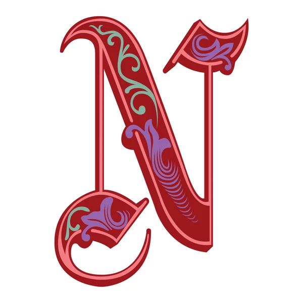 Krásná dekorace anglické abecedy, gothic styl, písmeno n — Stockový vektor