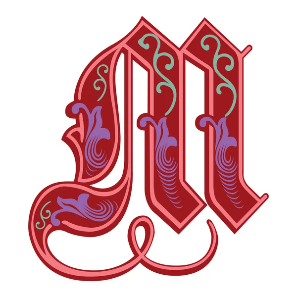 Prachtige decoratie Engels alfabetten, gotische stijl, alfabet m — Stockvector
