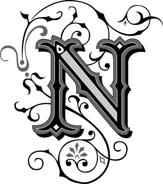 Beautifully decorated English alphabets, letter N — Stock Vector
