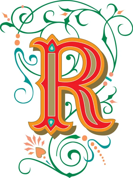 Beautifully decorated English alphabets, letter R — Stock Vector