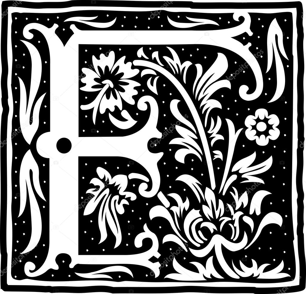 English alphabet with flowers decoration, monochrome letter F