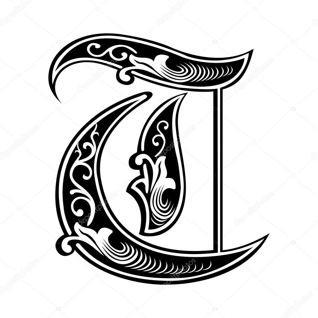 Beautiful decoration English alphabets, Gothic style, letter T