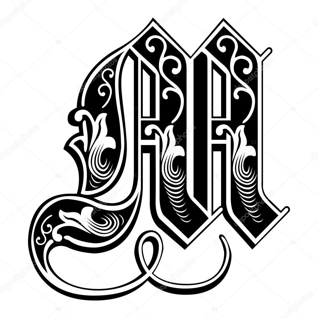 Beautiful decoration English alphabets, Gothic style, letter M
