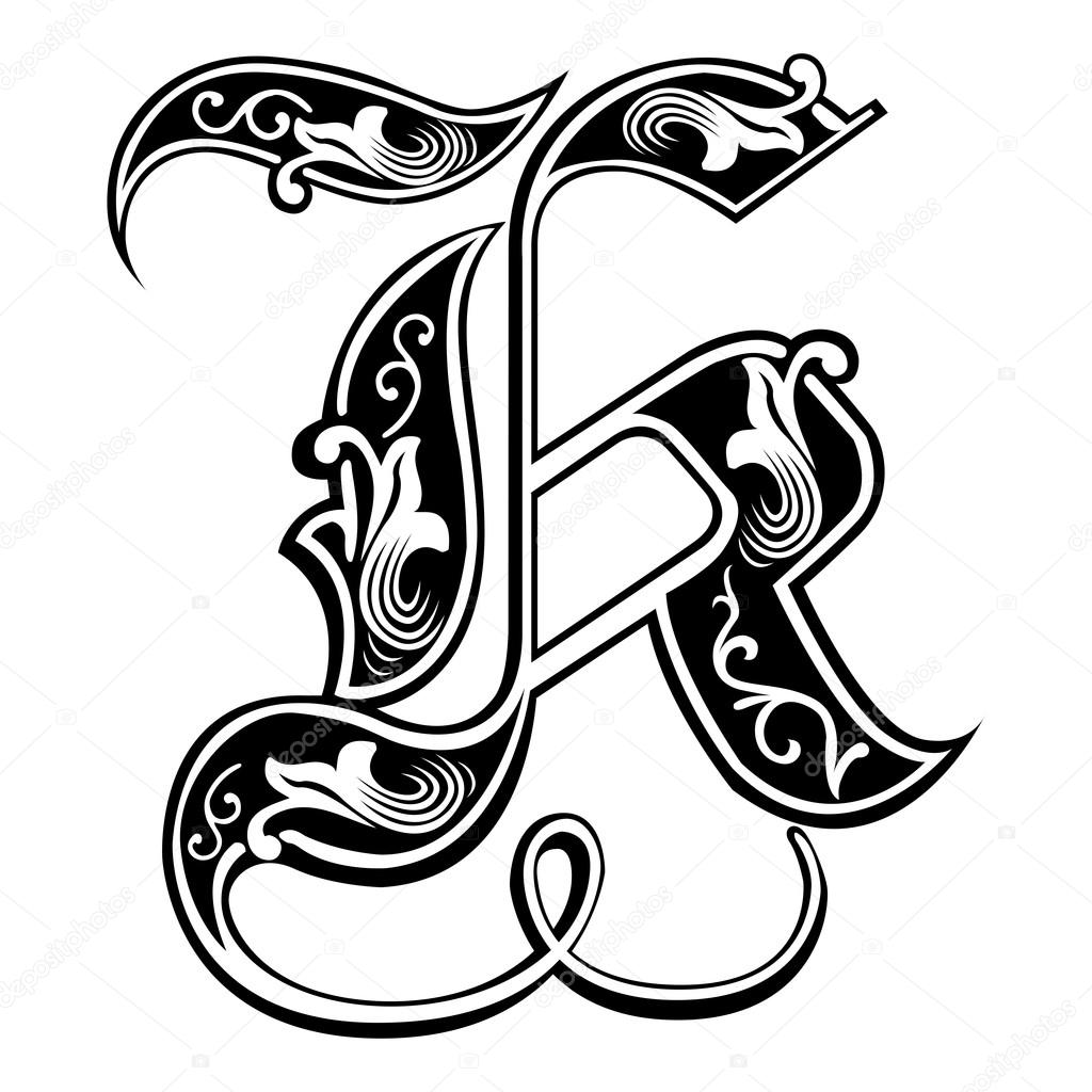 Beautiful decoration English alphabets, Gothic style, letter K