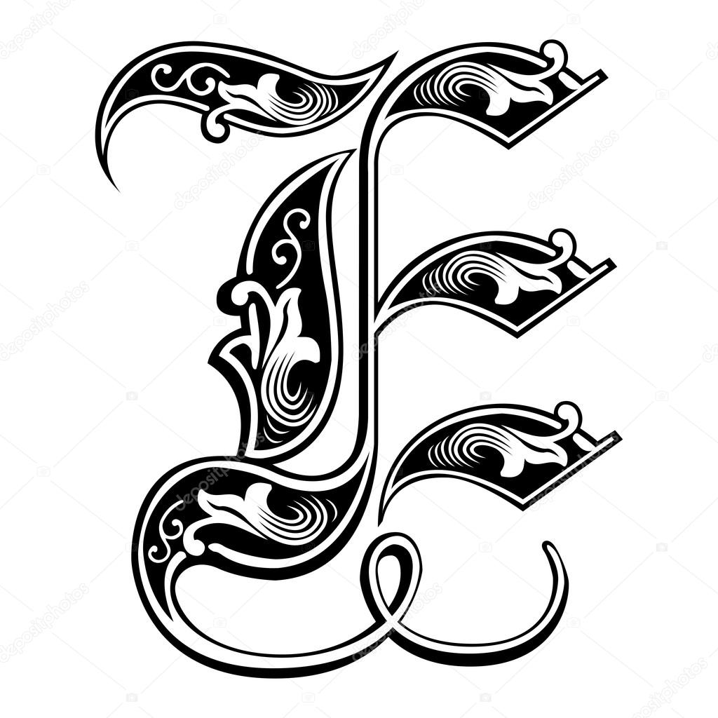 Beautiful decoration English alphabets, Gothic style, letter E