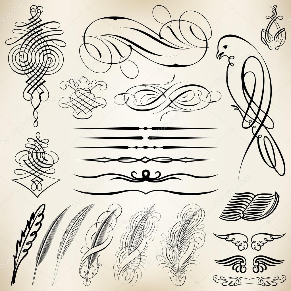 Vector set of calligraphic design elements and page decoration