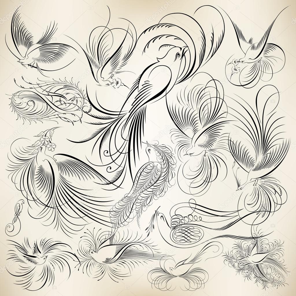 Calligraphic design birds in motion