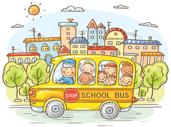 Autobús escolar con niños felices en la ciudad — Vector de stock