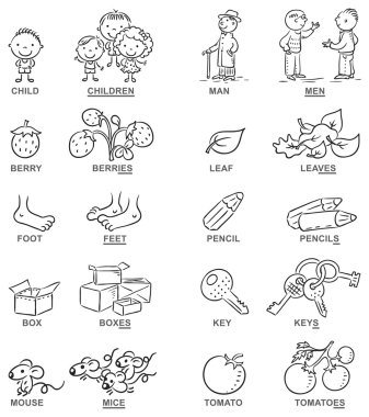 Plural of nouns in cartoon pictures, black and white, can be used as a teaching aid for foreign language learning clipart
