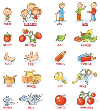 Plural of nouns in colorful cartoon pictures, can be used as a teaching aid for foreign language learning clipart