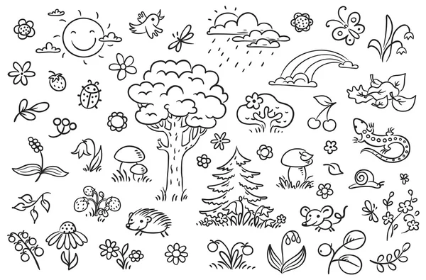 Cartoon nature set with trees, flowers, berries and small forest animals, black and white outline — Stock Vector