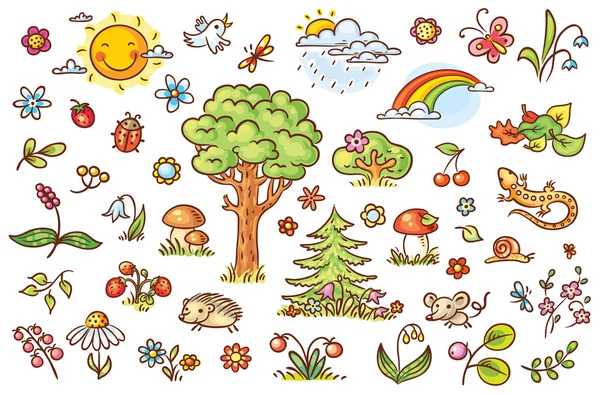 Desene animate natura set cu copaci, flori, fructe de padure si animale mici de padure, fără gradiente — Vector de stoc