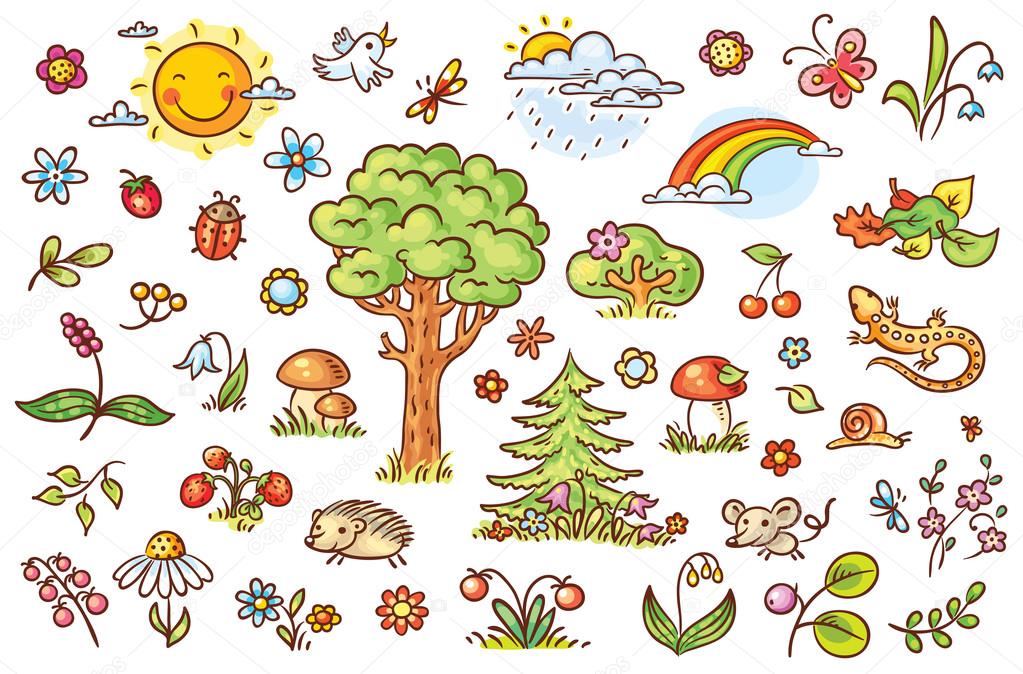 Cartoon nature set with trees, flowers, berries and small forest animals, no gradients