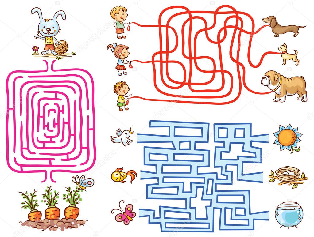 Labyrinth games set for preschoolers: find the way or match elements