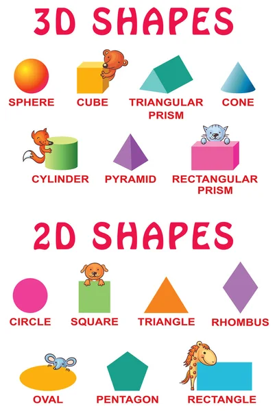 Formes 3D et 2d de base avec des animaux de dessin animé pour les enfants d'âge préscolaire — Image vectorielle