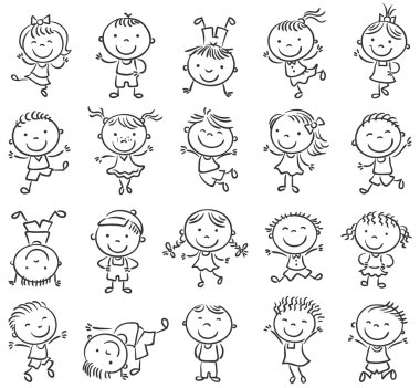 Twenty sketchy happy kids jumping with joy