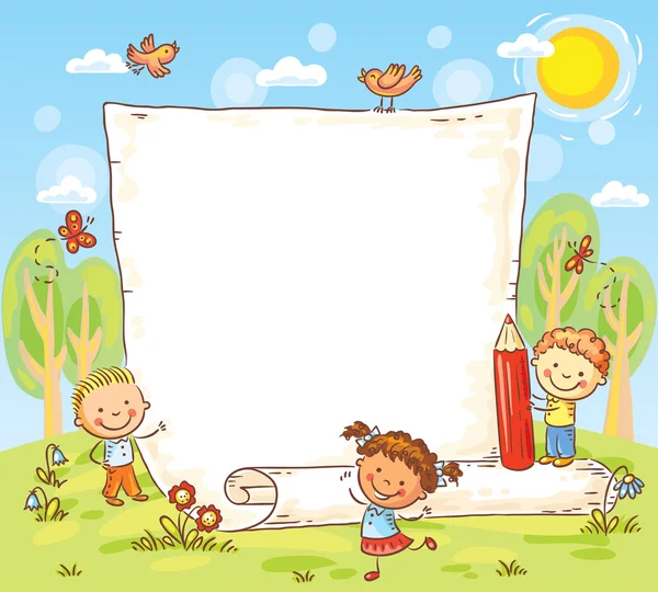 Cartoon frame met drie kinderen buiten — Stockvector