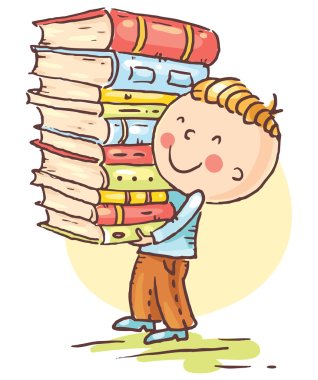 Little boy is carrying a big pile of books clipart