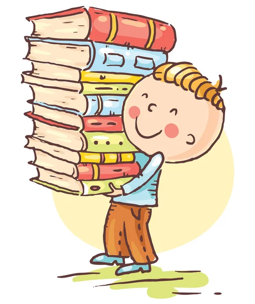 Little boy is carrying a big pile of books — Stock Vector