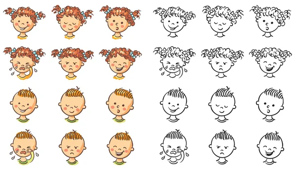 Conjunto de caras de niño y niña con diferentes emociones — Archivo Imágenes Vectoriales