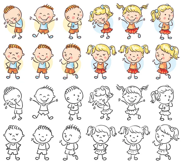 Conjunto de personajes de niño y niña con diferentes emociones — Vector de stock