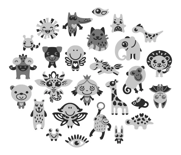 Set of cute cartoon animals and characters in 2-3 simple colors, nice for logos or laser cut souvenirs — Stock Vector