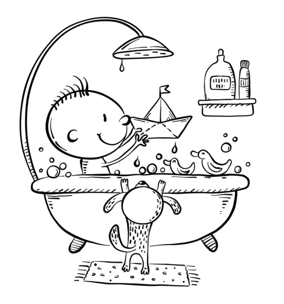 Little kid or baby bathing and playing in the bathroom, daily routine — Stock Vector