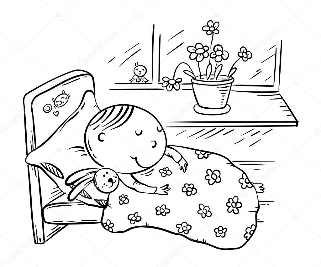 Little kid sleeping in his bed at home, children daily routine, outline clipart