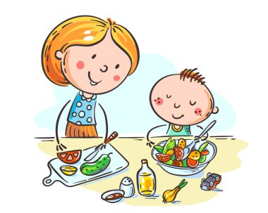 Mother and kid cooking clipart