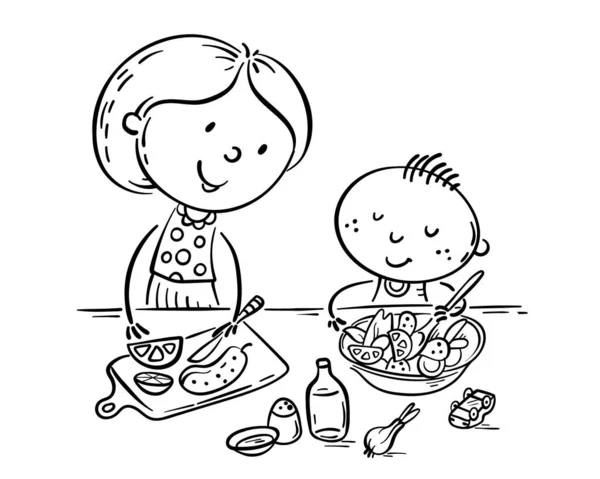 Moeder en kind koken, schets illustratie — Stockvector