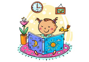 Küçük kız kitap okuyor, karikatür çizimi.